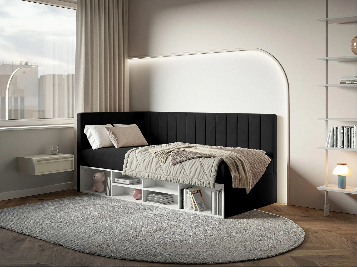 Jugendbett linksseitig mit Regalen, Easy-Clean-Samtbezug, schwarz - VENTRIO