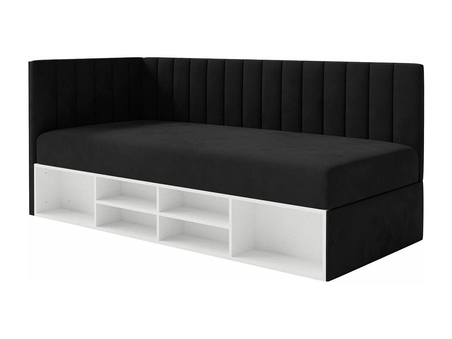 Jugendbett linksseitig mit Regalen, Easy-Clean-Samtbezug, schwarz - VENTRIO