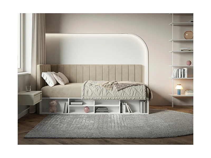 Jugendbett linksseitig mit Regalen, Easy-Clean-Samtbezug, graubeige - VENTRIO