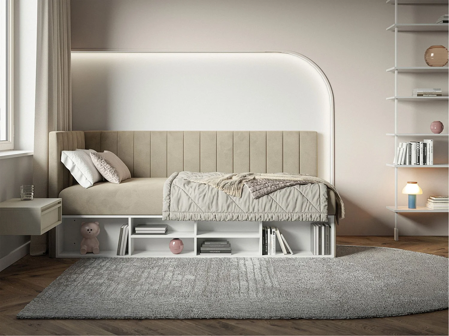 Jugendbett linksseitig mit Regalen, Easy-Clean-Samtbezug, graubeige - VENTRIO