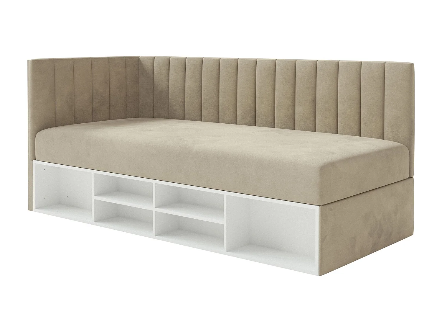 Jugendbett linksseitig mit Regalen, Easy-Clean-Samtbezug, graubeige - VENTRIO