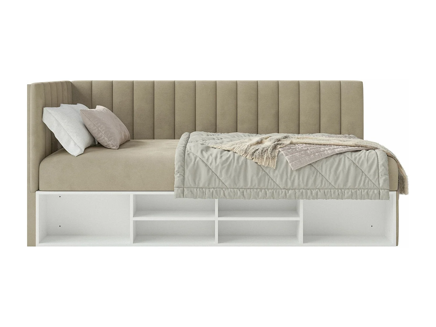 Jugendbett linksseitig mit Regalen, Easy-Clean-Samtbezug, graubeige - VENTRIO