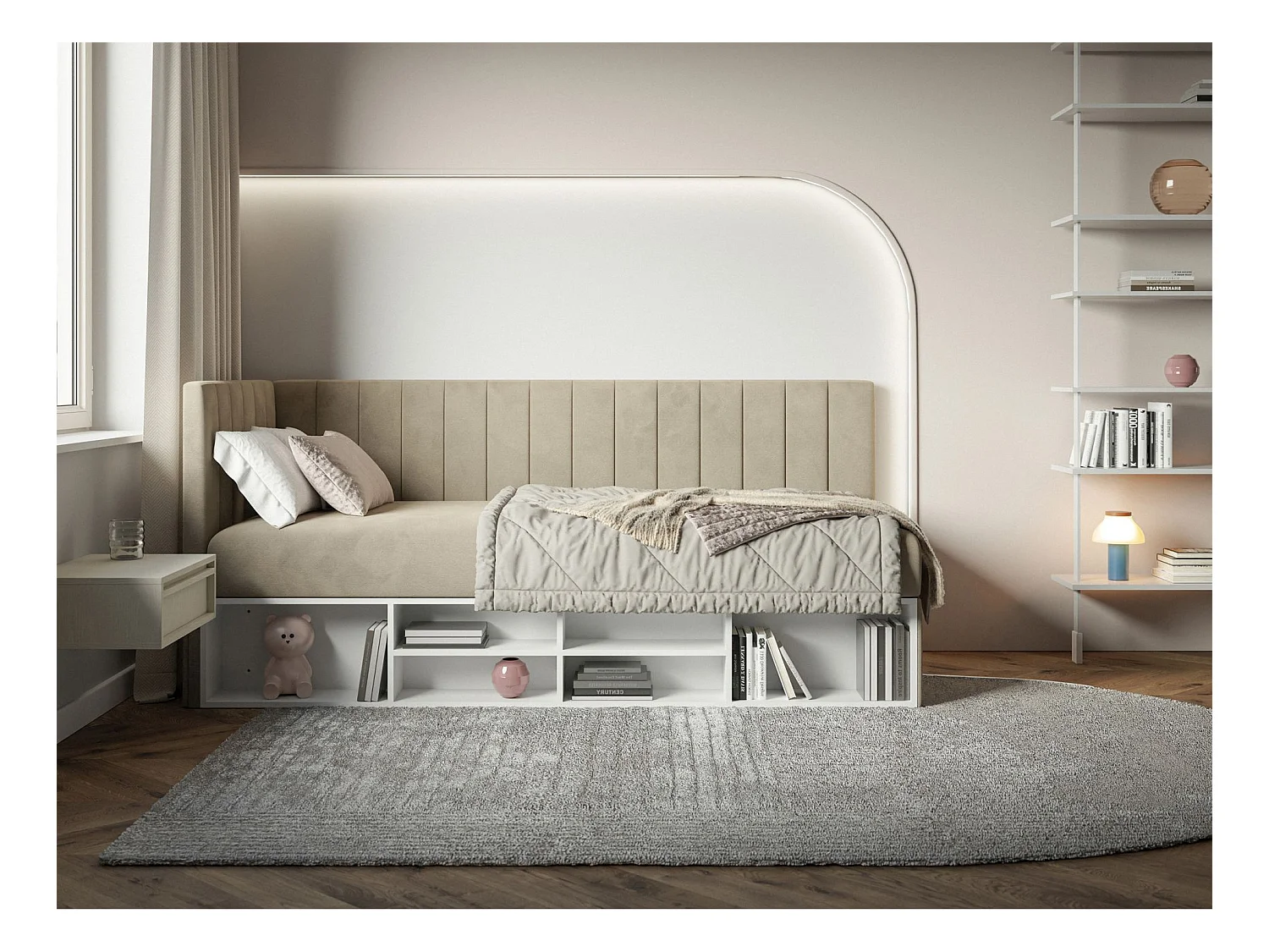 Lit ado avec rangement - gris beige - côté gauche - VENTRIO
