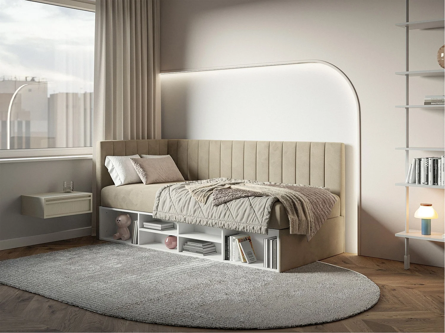 Lit ado avec rangement - gris beige - côté gauche - VENTRIO