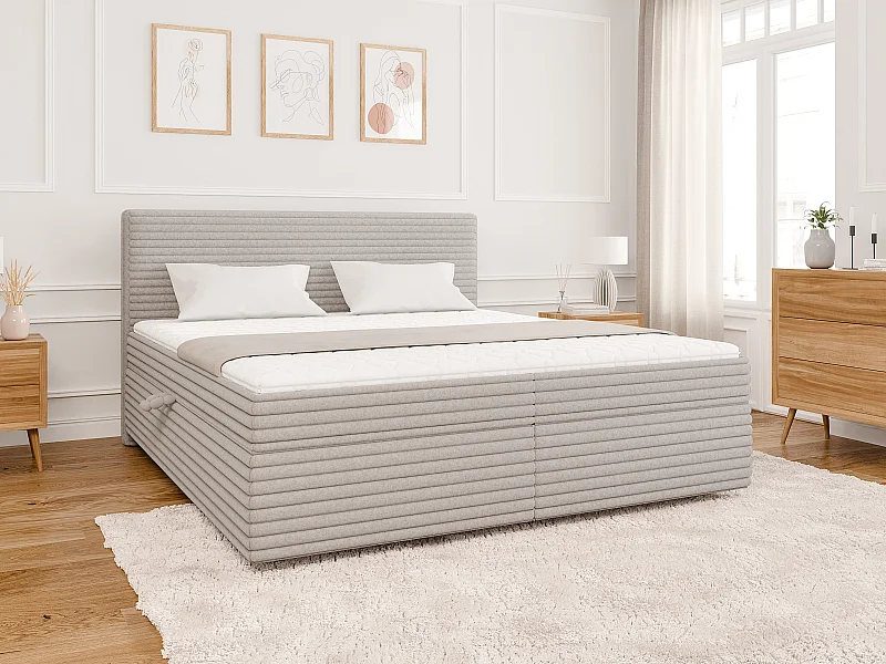 Stella - Boxspringbett 180x200 mit Topper und Bettkästen aus Hellgrau Plüschcord