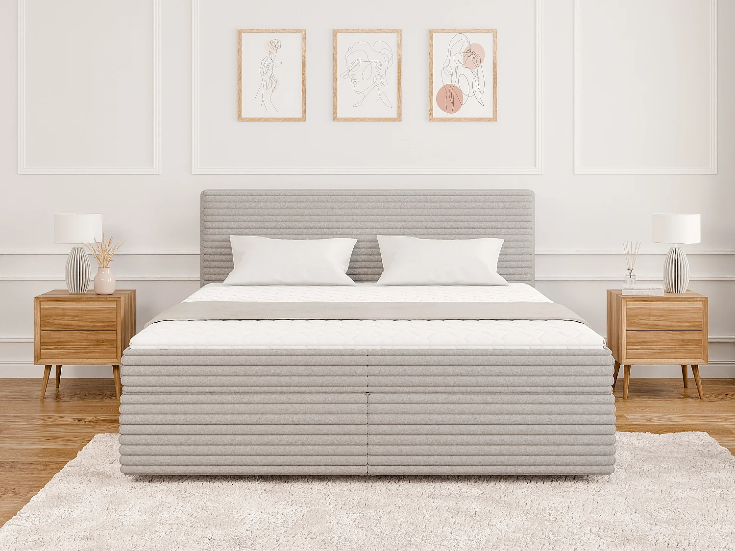 Stella - Boxspringbett 180x200 mit Topper und Bettkästen aus Hellgrau Plüschcord