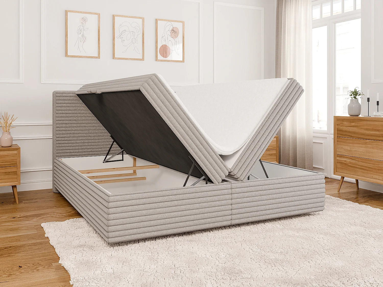 Stella - Boxspringbett 180x200 mit Topper und Bettkästen aus Hellgrau Plüschcord