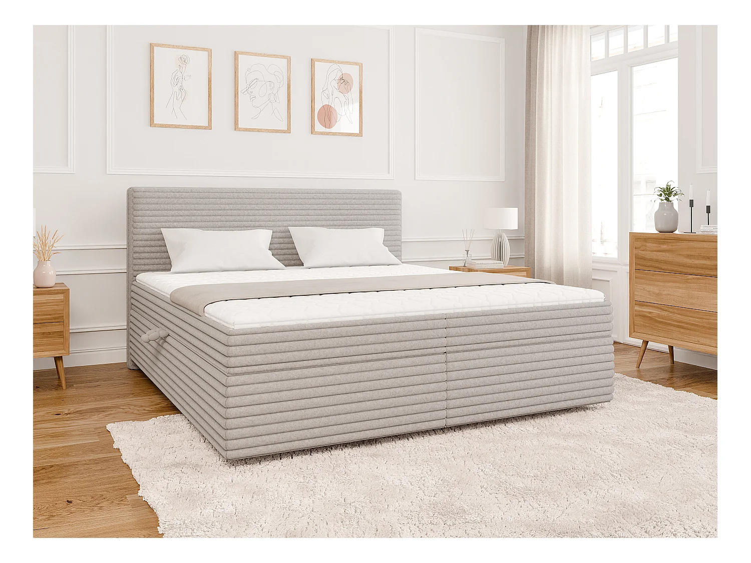 Stella - Boxspringbett 180x200 mit Topper und Bettkästen aus Hellgrau Plüschcord