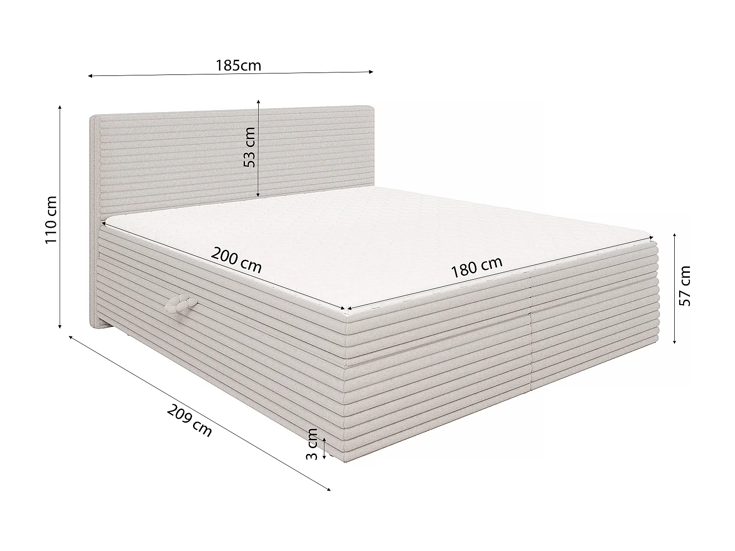 Stella - Boxspringbett 180x200 mit Topper und Bettkästen aus Hellgrau Plüschcord