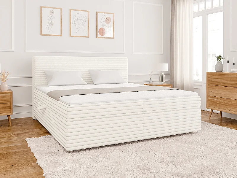 Stella - Boxspringbett 180x200 mit Topper und Bettkästen aus Hellbeige Plüschcord