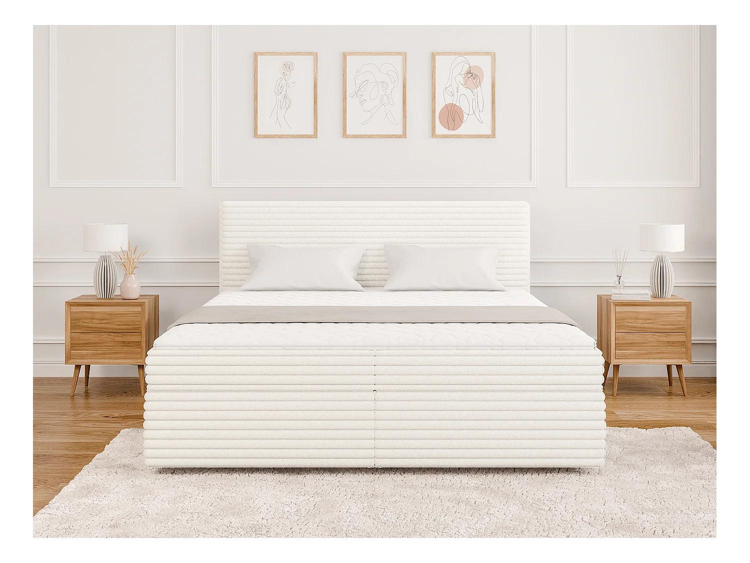 Stella - Boxspringbett 180x200 mit Topper und Bettkästen aus Hellbeige Plüschcord