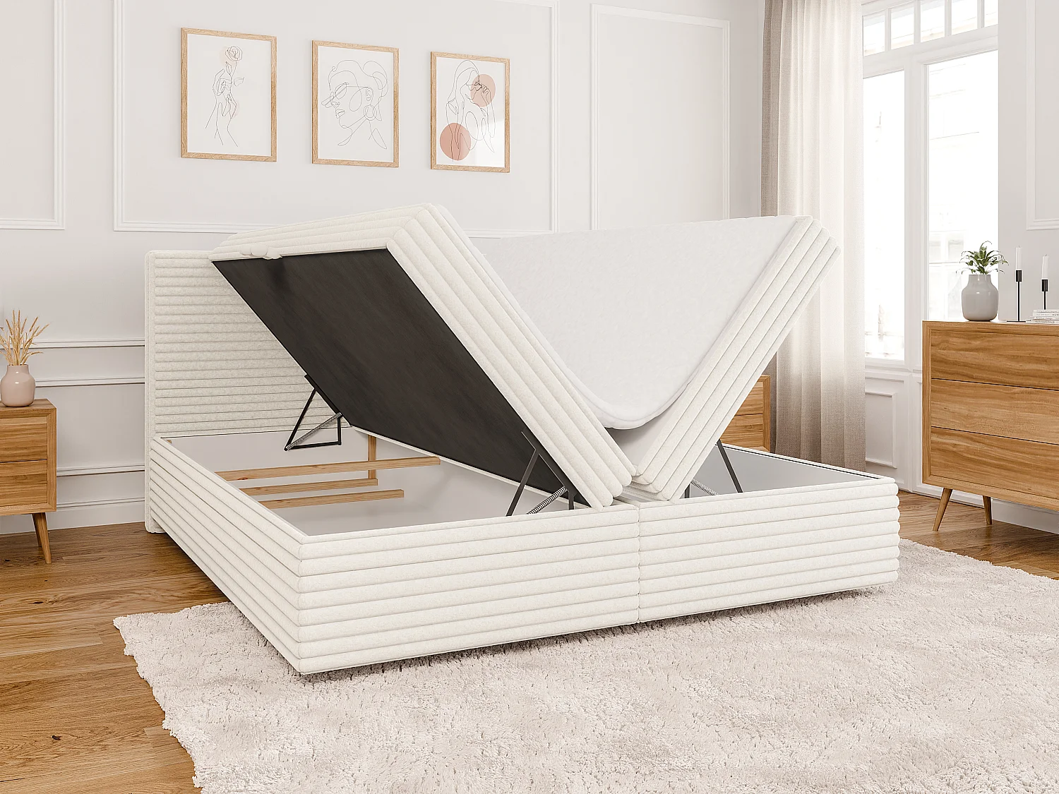 Stella - Boxspringbett 180x200 mit Topper und Bettkästen aus Hellbeige Plüschcord