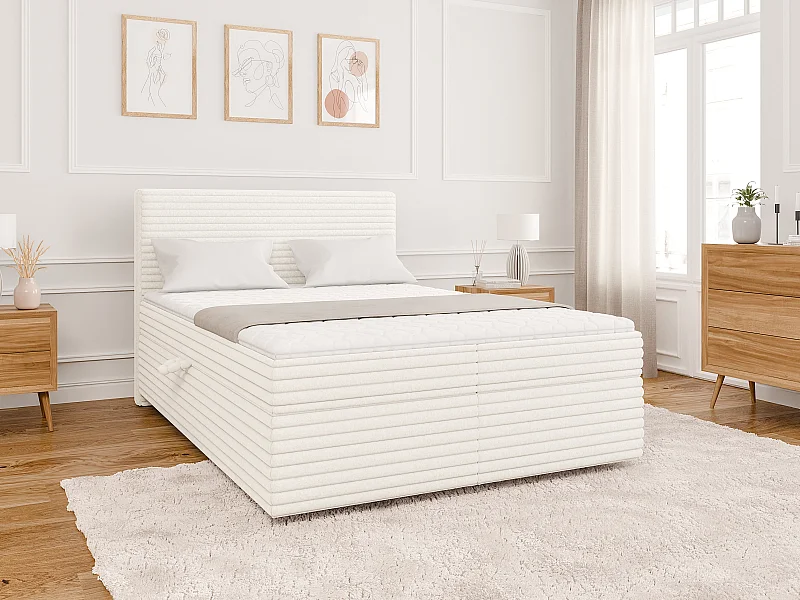 Stella - Boxspringbett 140x200 mit Topper und Bettkästen aus Hellbeige Plüschcord