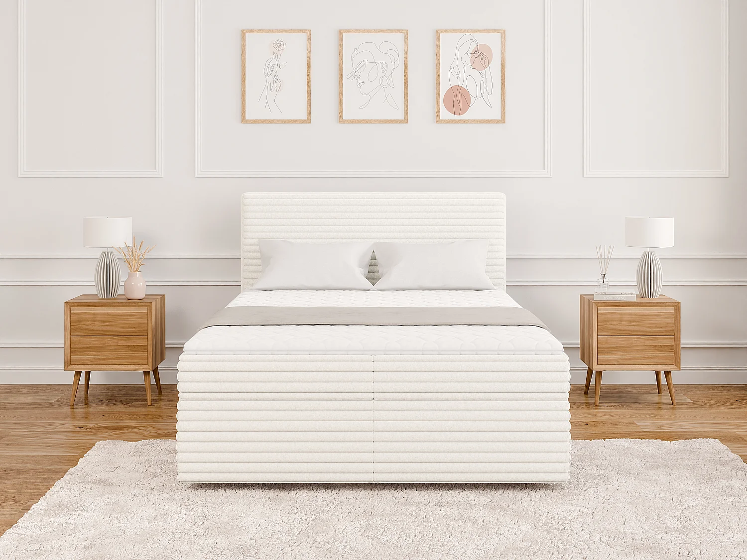 Stella - Boxspringbett 140x200 mit Topper und Bettkästen aus Hellbeige Plüschcord