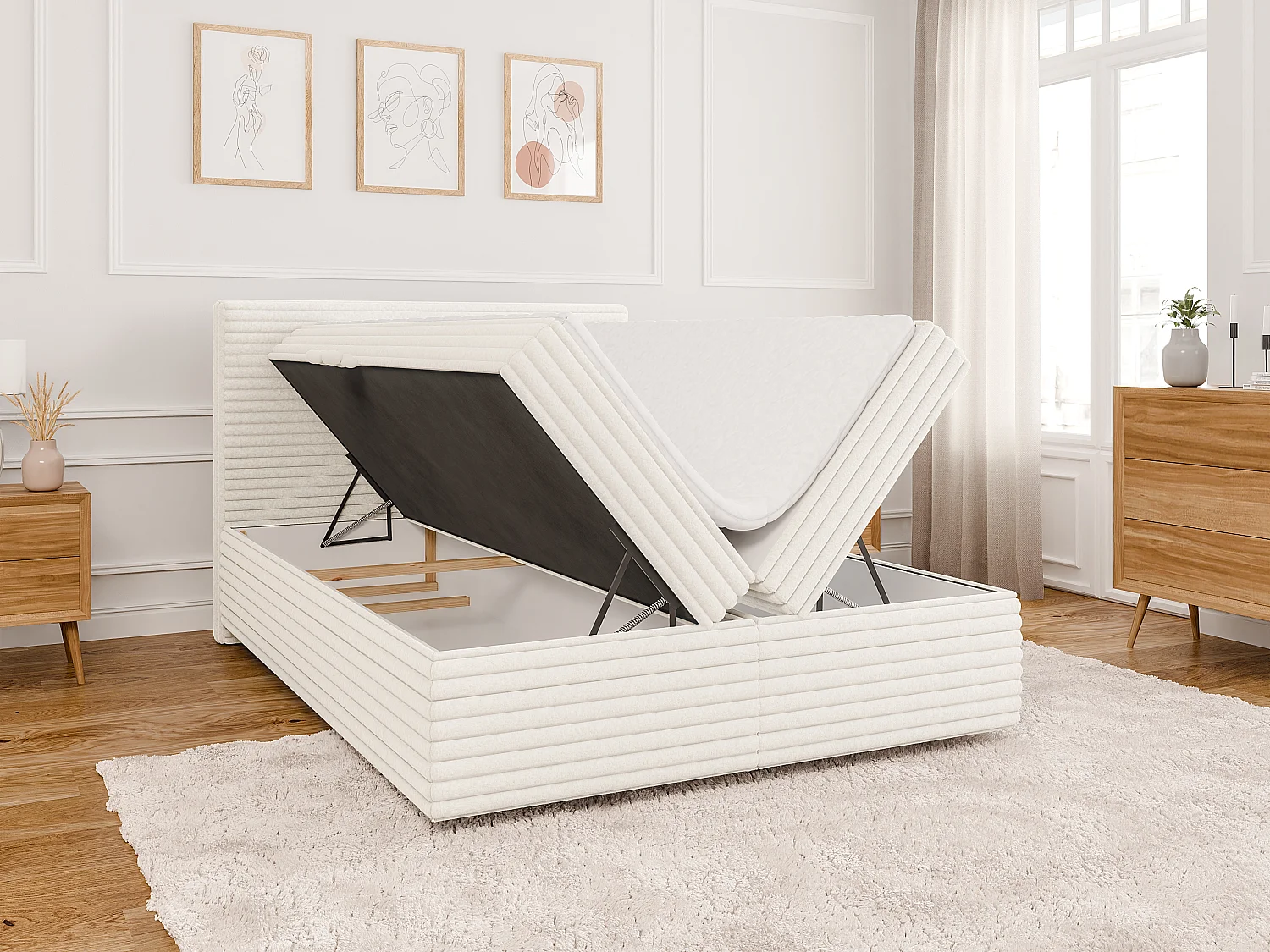 Stella - Boxspringbett 140x200 mit Topper und Bettkästen aus Hellbeige Plüschcord