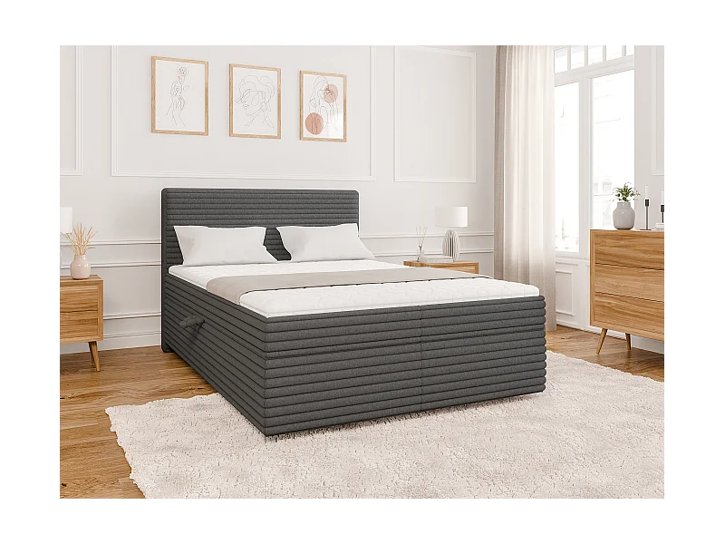 Stella - Boxspringbett 140x200 mit Topper und Bettkästen aus Dunkelgrau Plüschcord