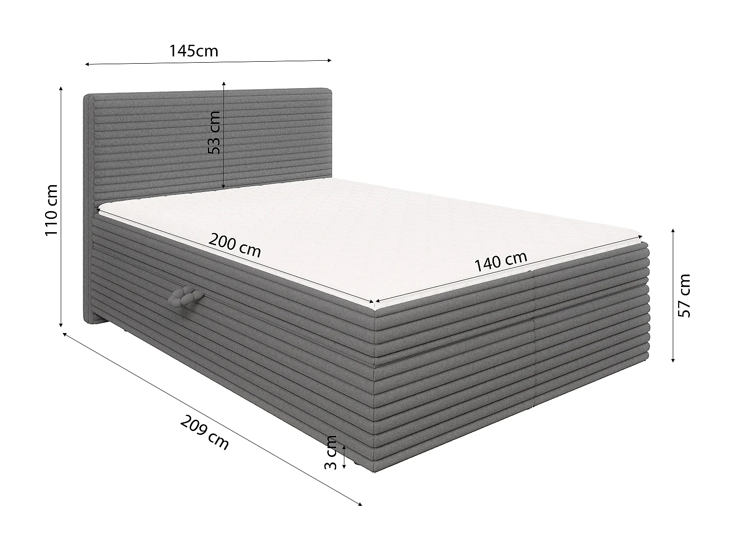 Stella - Boxspringbett 140x200 mit Topper und Bettkästen aus Dunkelgrau Plüschcord