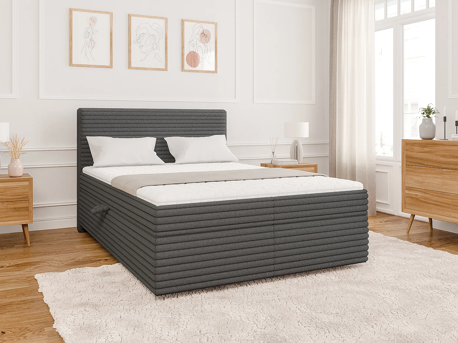 Stella - Boxspringbett 140x200 mit Topper und Bettkästen aus Dunkelgrau Plüschcord