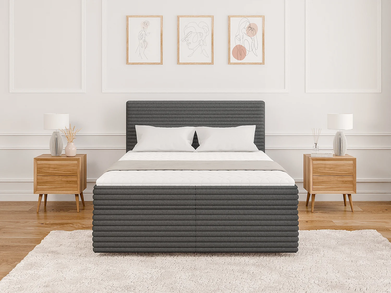 Stella - Boxspringbett 140x200 mit Topper und Bettkästen aus Dunkelgrau Plüschcord