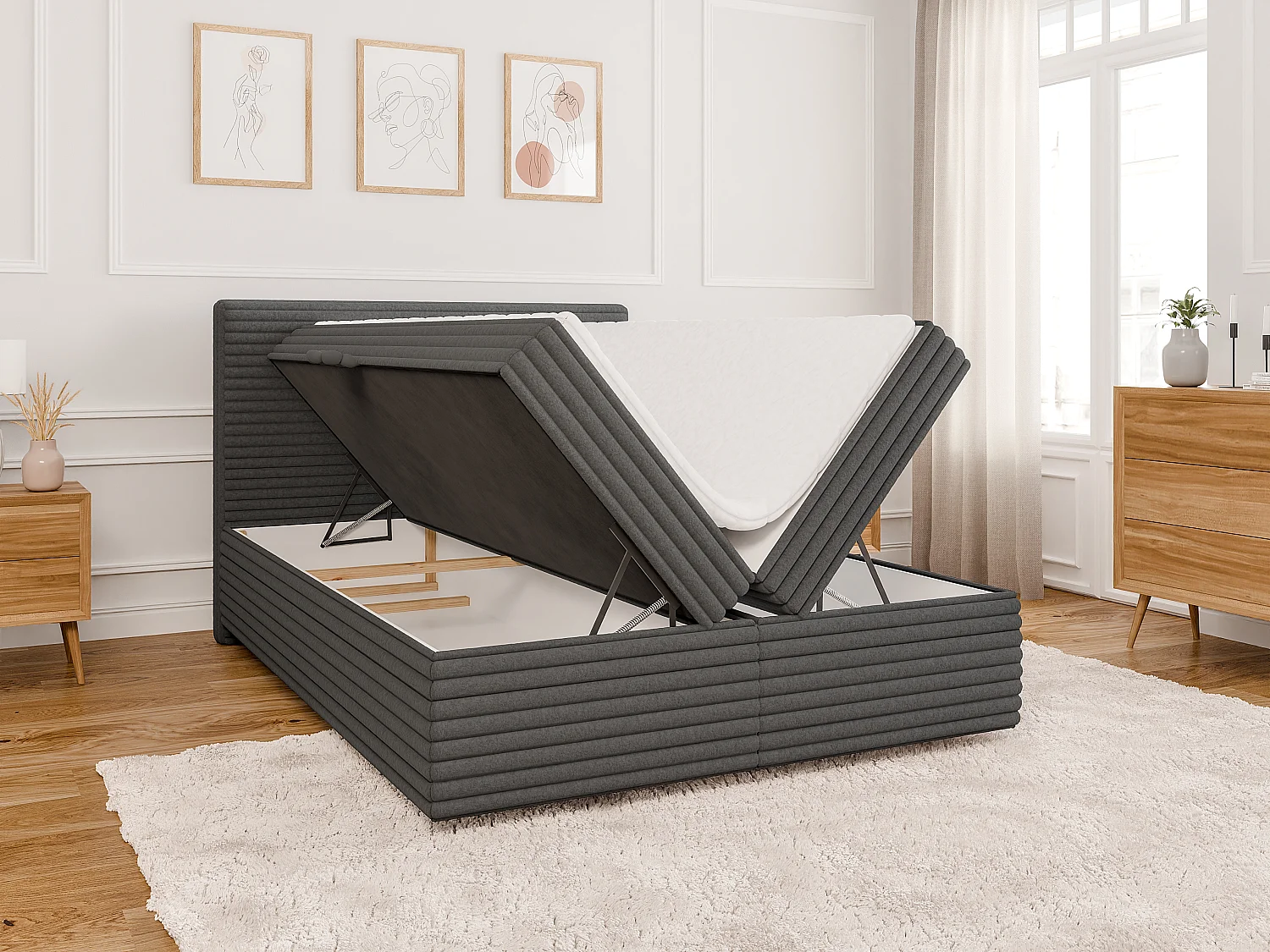 Stella - Boxspringbett 140x200 mit Topper und Bettkästen aus Dunkelgrau Plüschcord