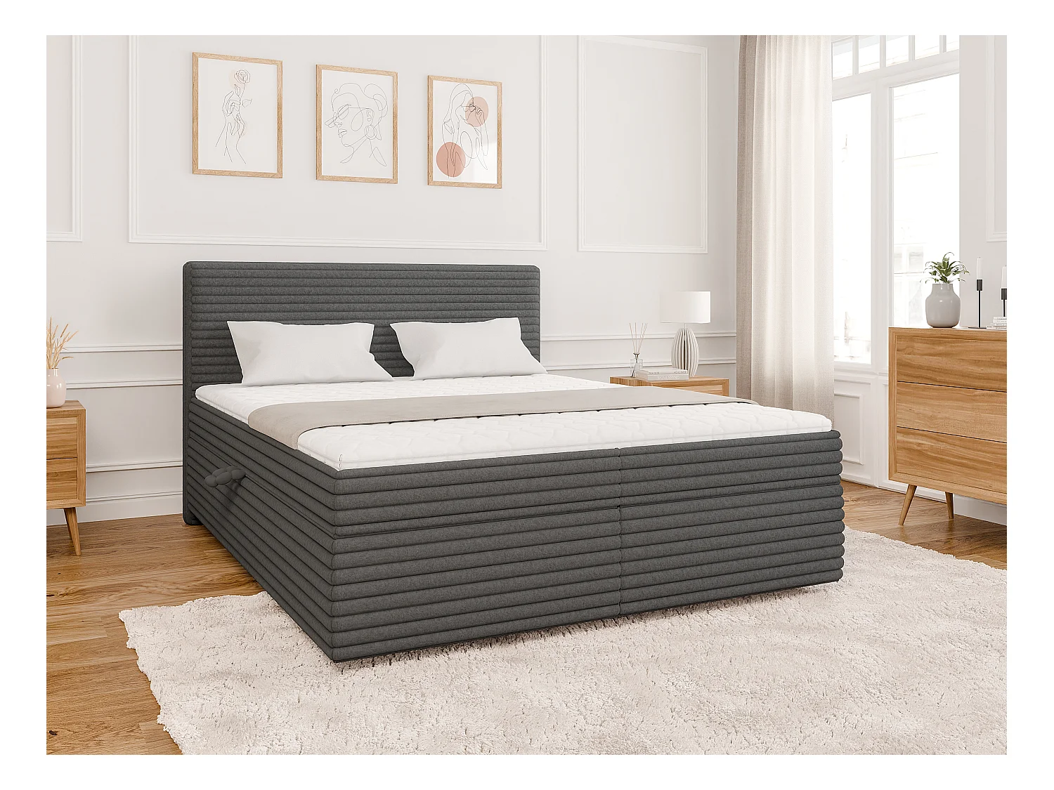 Stella - Boxspringbett 160x200 mit Topper und Bettkästen aus Dunkelgrau Plüschcord