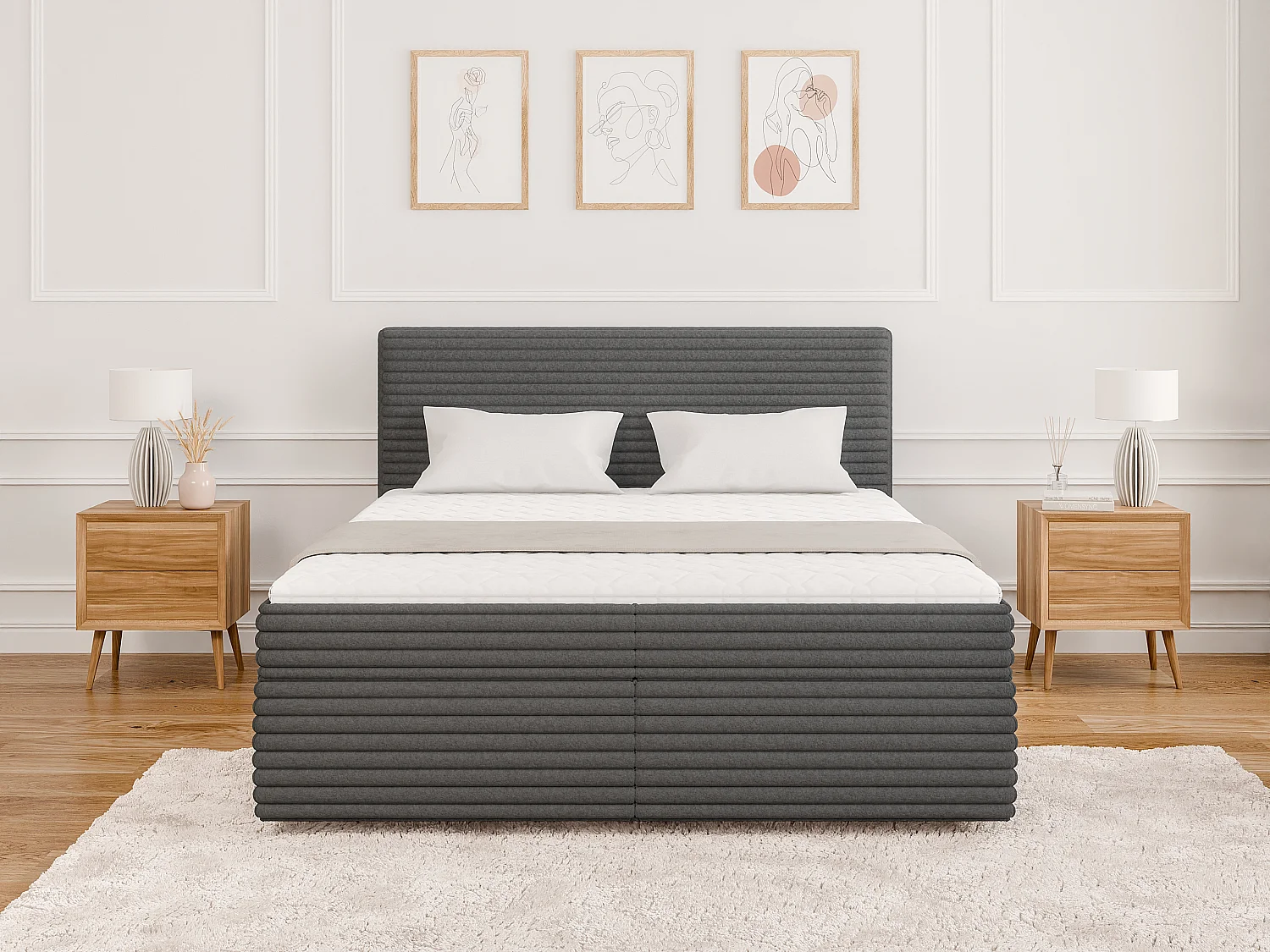 Stella - Boxspringbett 160x200 mit Topper und Bettkästen aus Dunkelgrau Plüschcord