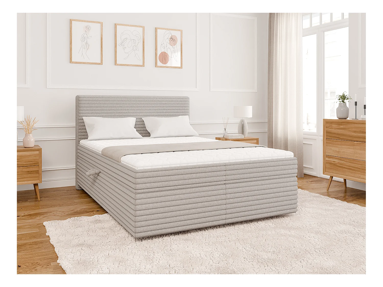 Stella - Boxspringbett 140x200 mit Topper und Bettkästen aus Hellgrau Plüschcord