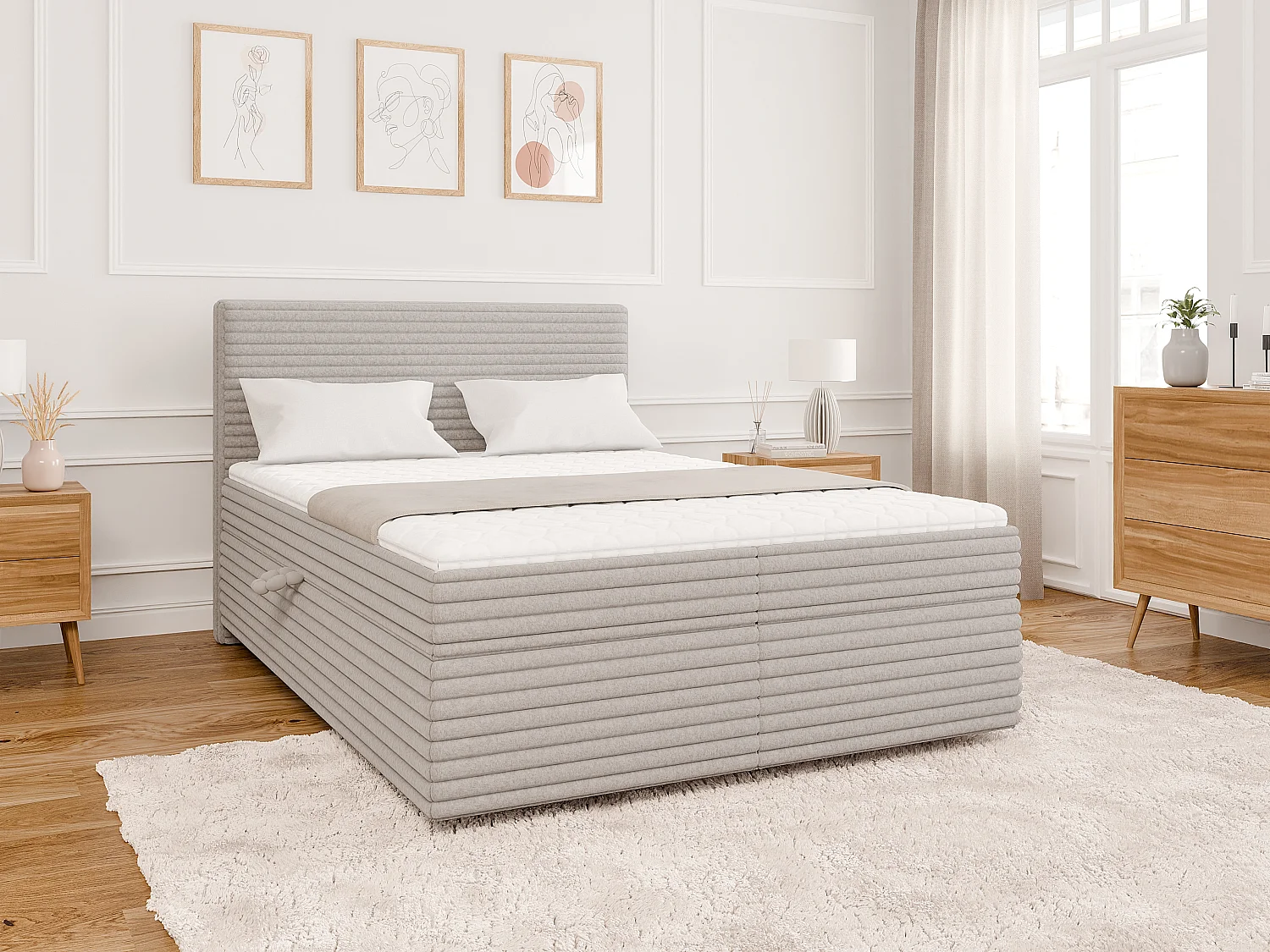 Stella - Boxspringbett 140x200 mit Topper und Bettkästen aus Hellgrau Plüschcord