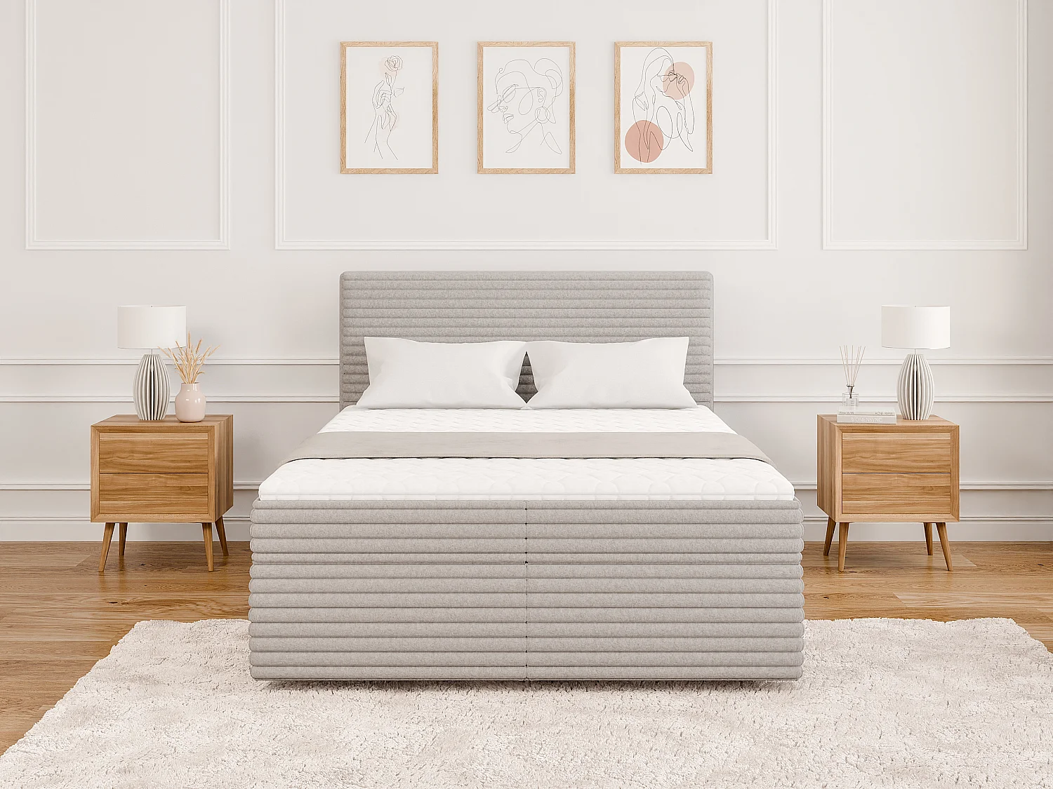 Stella - Boxspringbett 140x200 mit Topper und Bettkästen aus Hellgrau Plüschcord