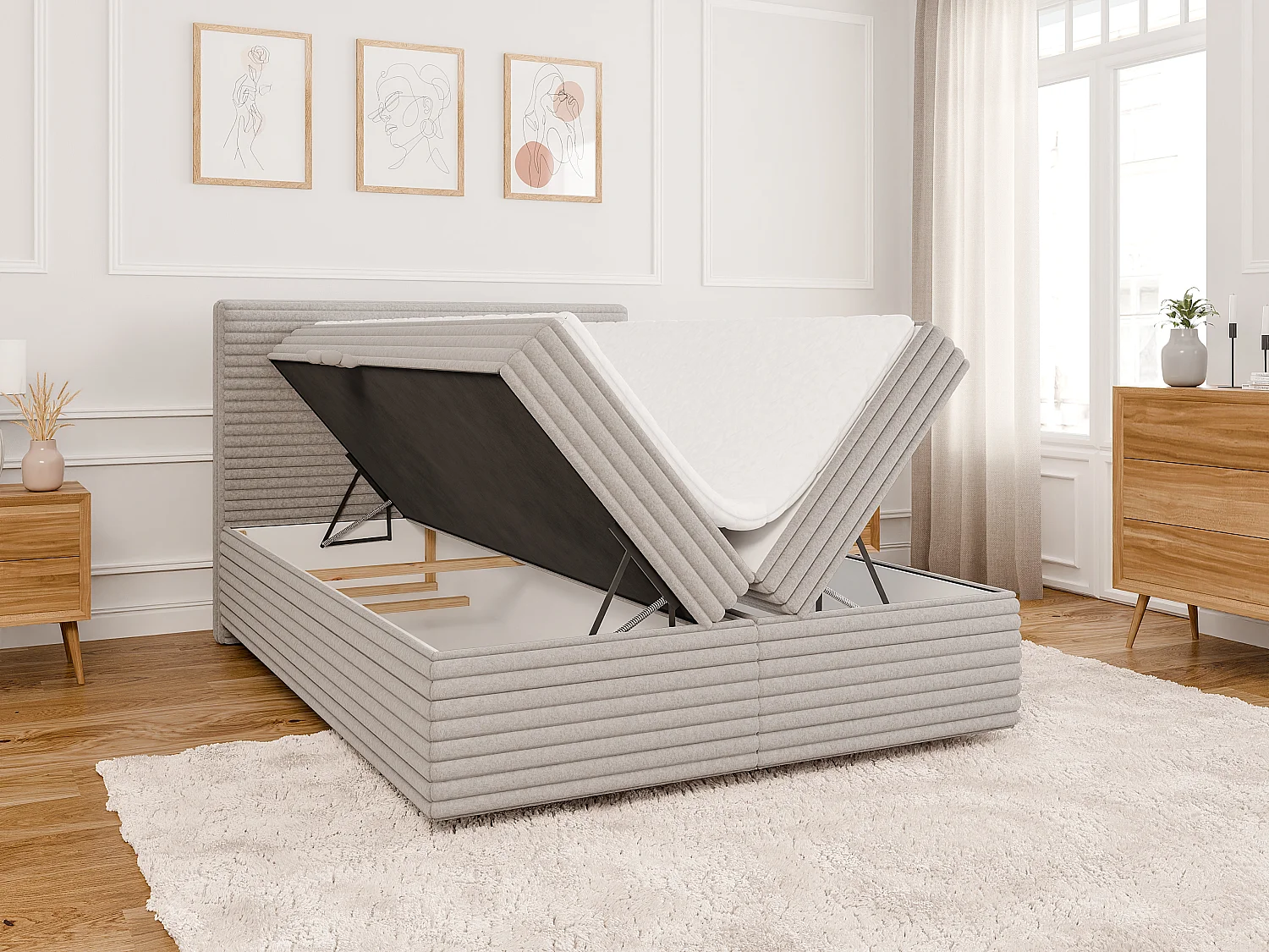 Stella - Boxspringbett 140x200 mit Topper und Bettkästen aus Hellgrau Plüschcord