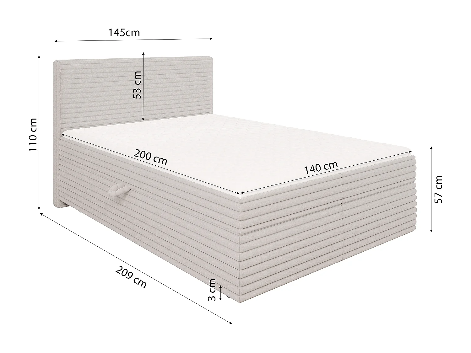 Stella - Boxspringbett 140x200 mit Topper und Bettkästen aus Hellgrau Plüschcord