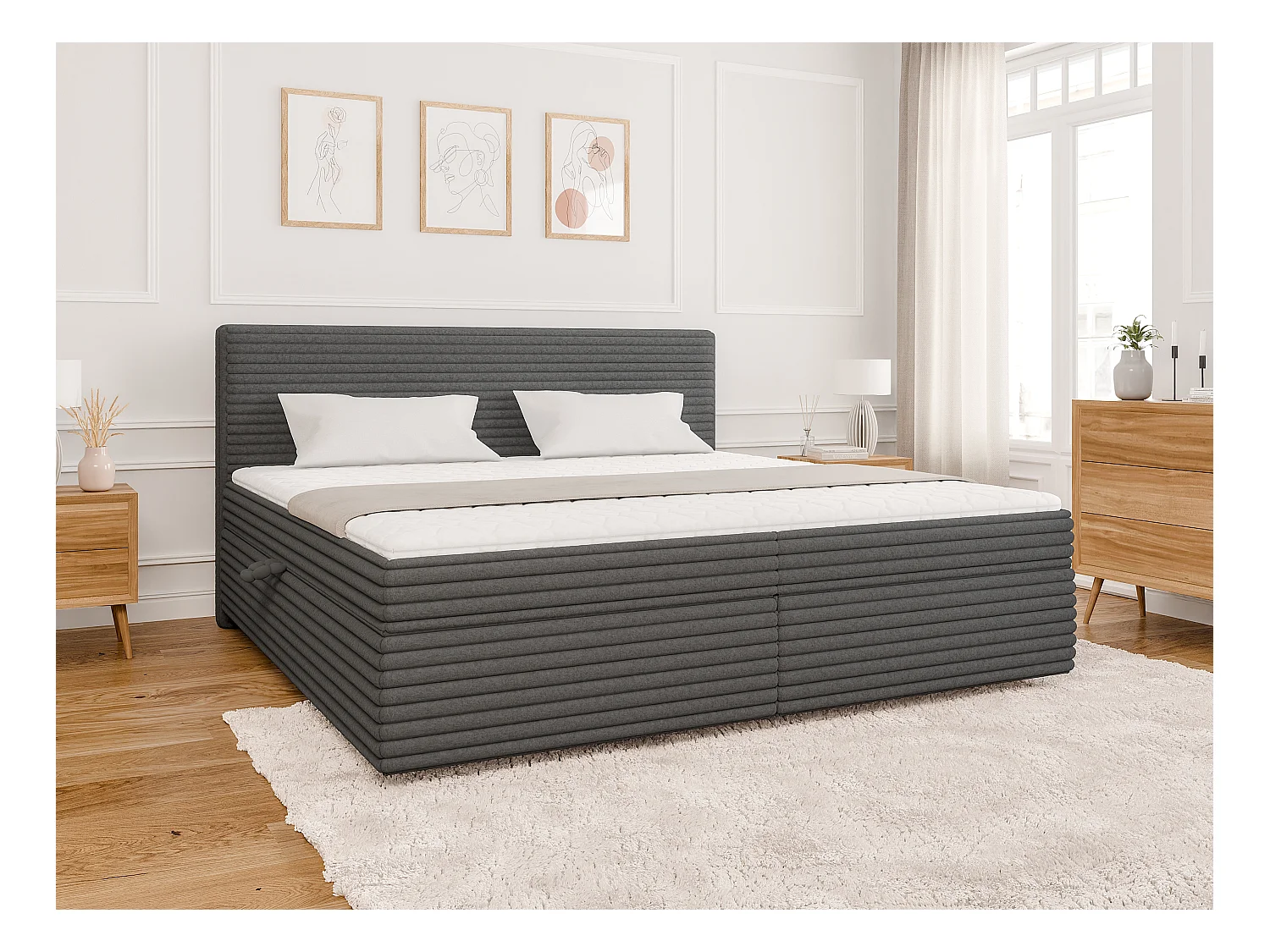 Stella - Boxspringbett 200x200 mit Topper und Bettkästen aus Dunkelgrau Plüschcord