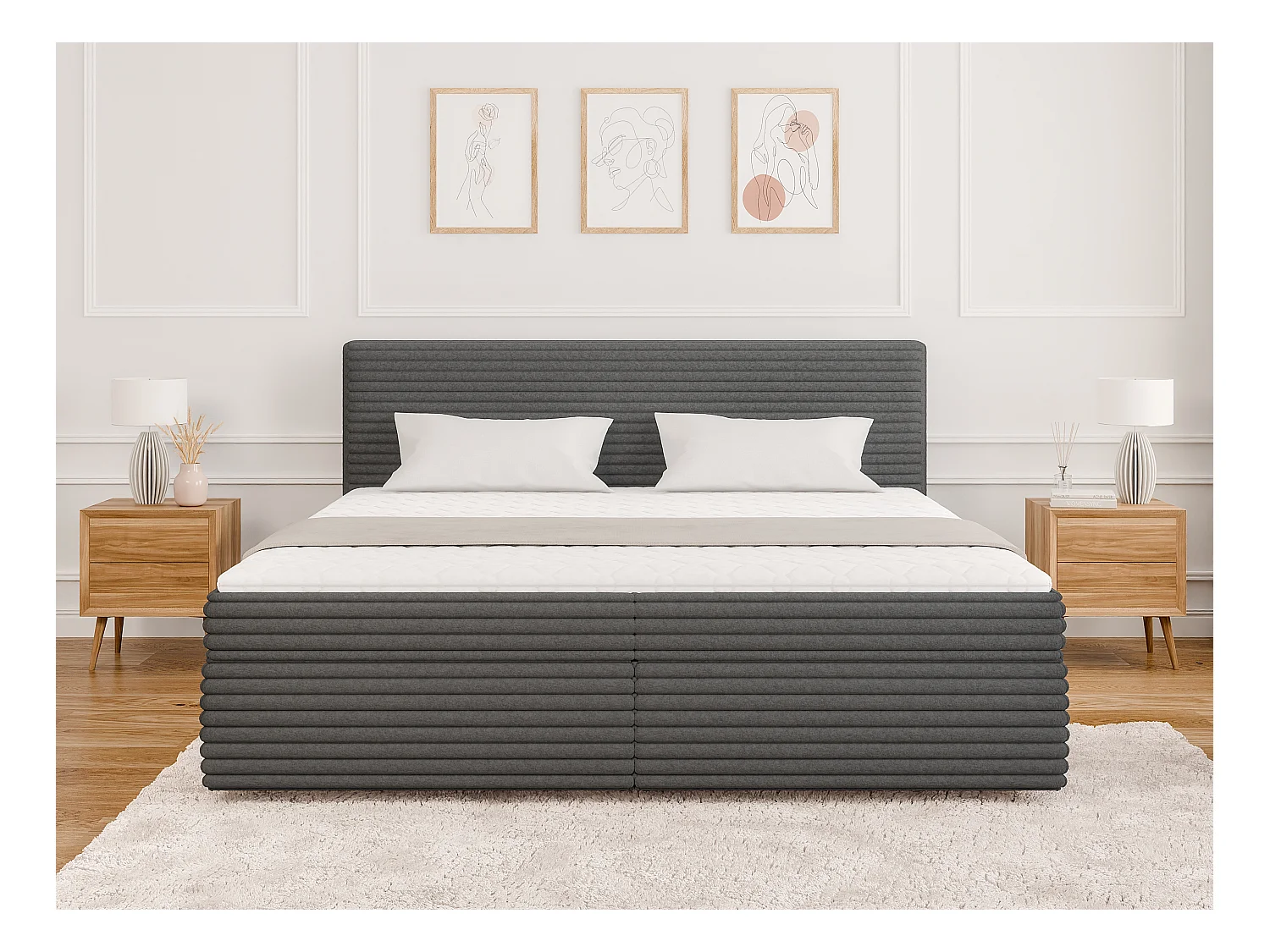 Stella - Boxspringbett 200x200 mit Topper und Bettkästen aus Dunkelgrau Plüschcord