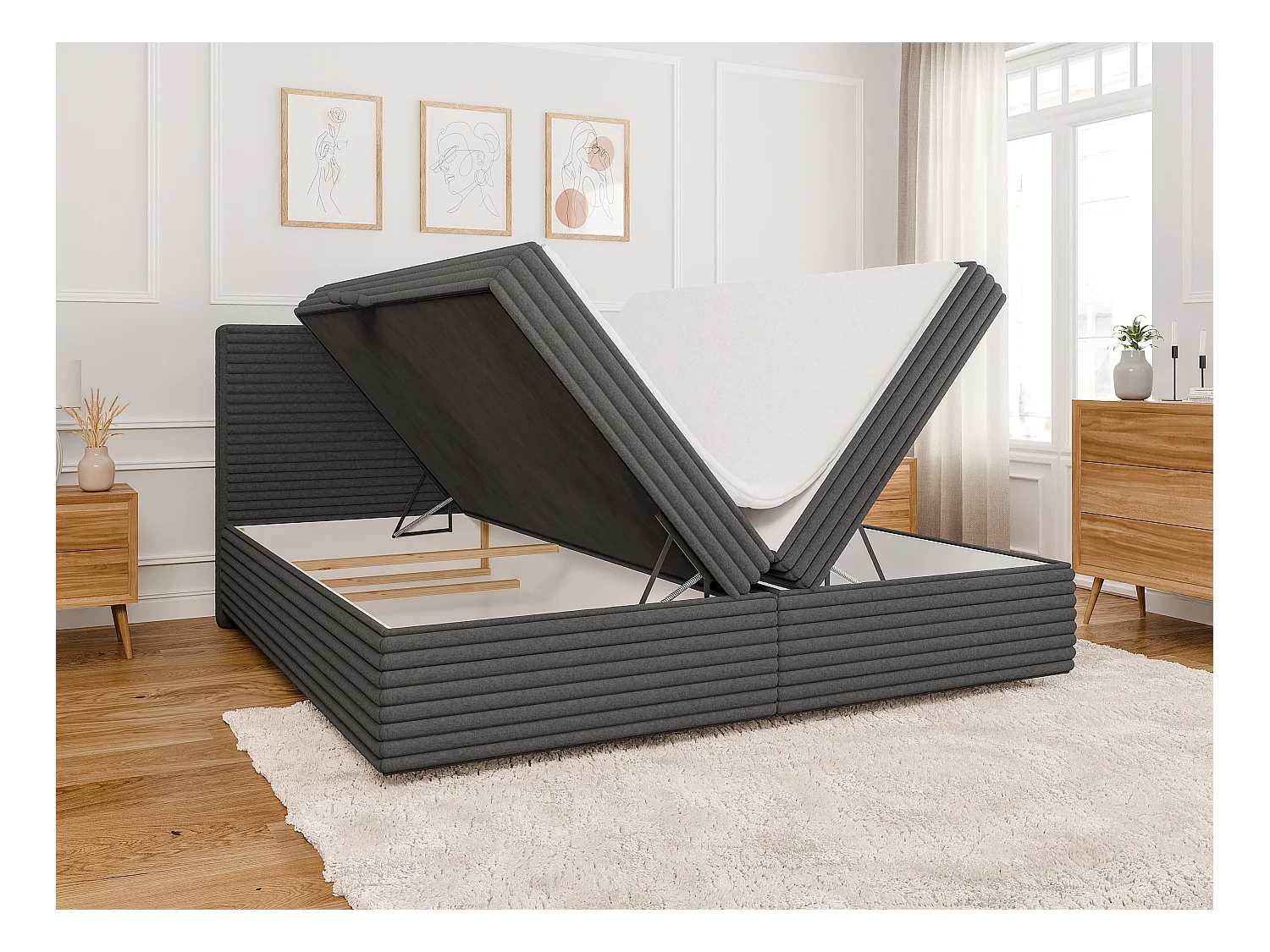 Stella - Boxspringbett 200x200 mit Topper und Bettkästen aus Dunkelgrau Plüschcord