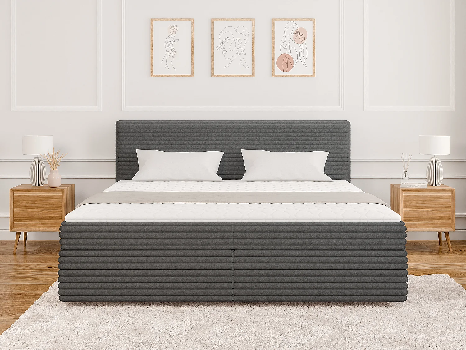 Stella - Boxspringbett 200x200 mit Topper und Bettkästen aus Dunkelgrau Plüschcord