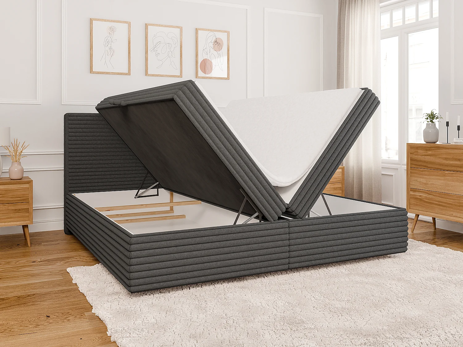 Stella - Boxspringbett 200x200 mit Topper und Bettkästen aus Dunkelgrau Plüschcord