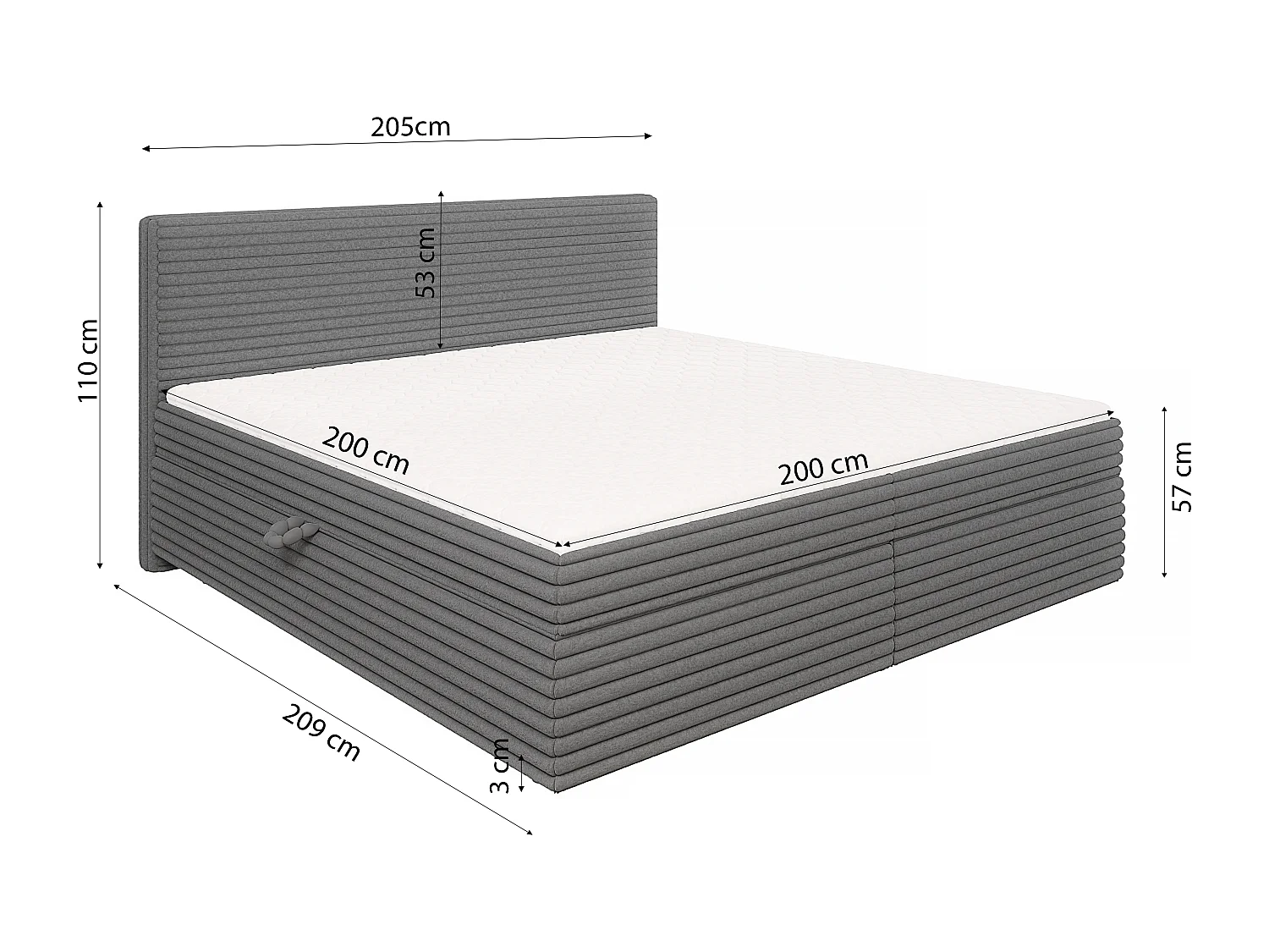 Stella - Boxspringbett 200x200 mit Topper und Bettkästen aus Dunkelgrau Plüschcord