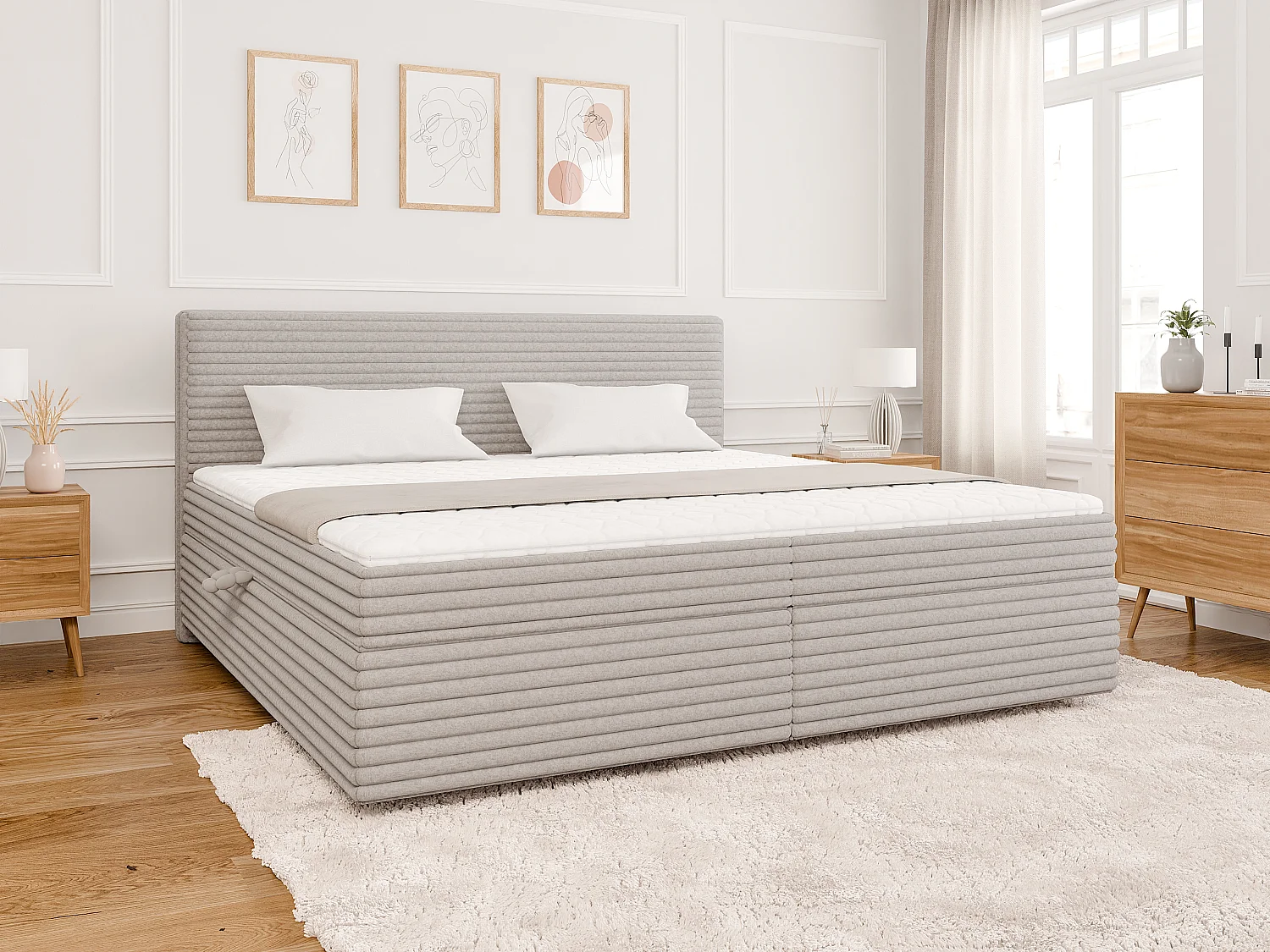 Stella - Boxspringbett 200x200 mit Topper und Bettkästen aus Hellgrau Plüschcord