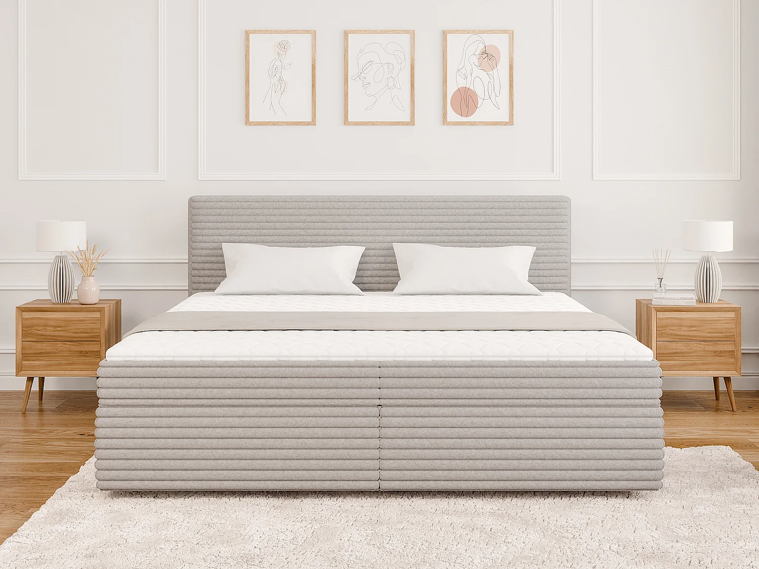 Stella - Boxspringbett 200x200 mit Topper und Bettkästen aus Hellgrau Plüschcord