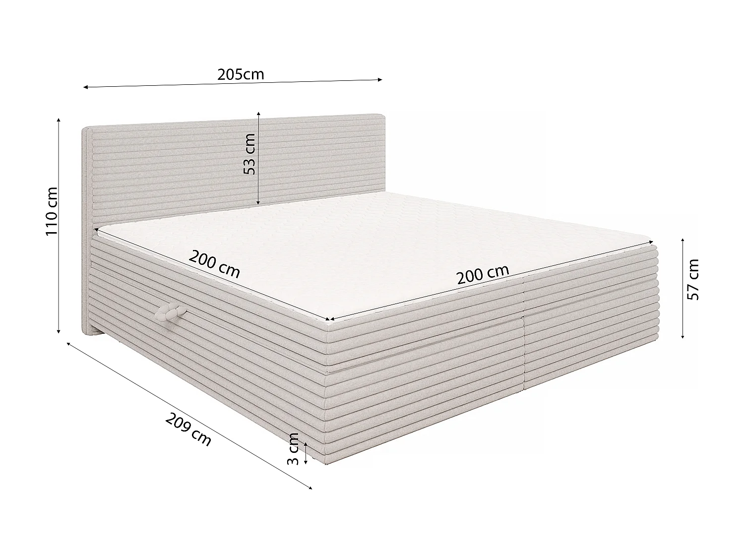 Stella - Boxspringbett 200x200 mit Topper und Bettkästen aus Hellgrau Plüschcord