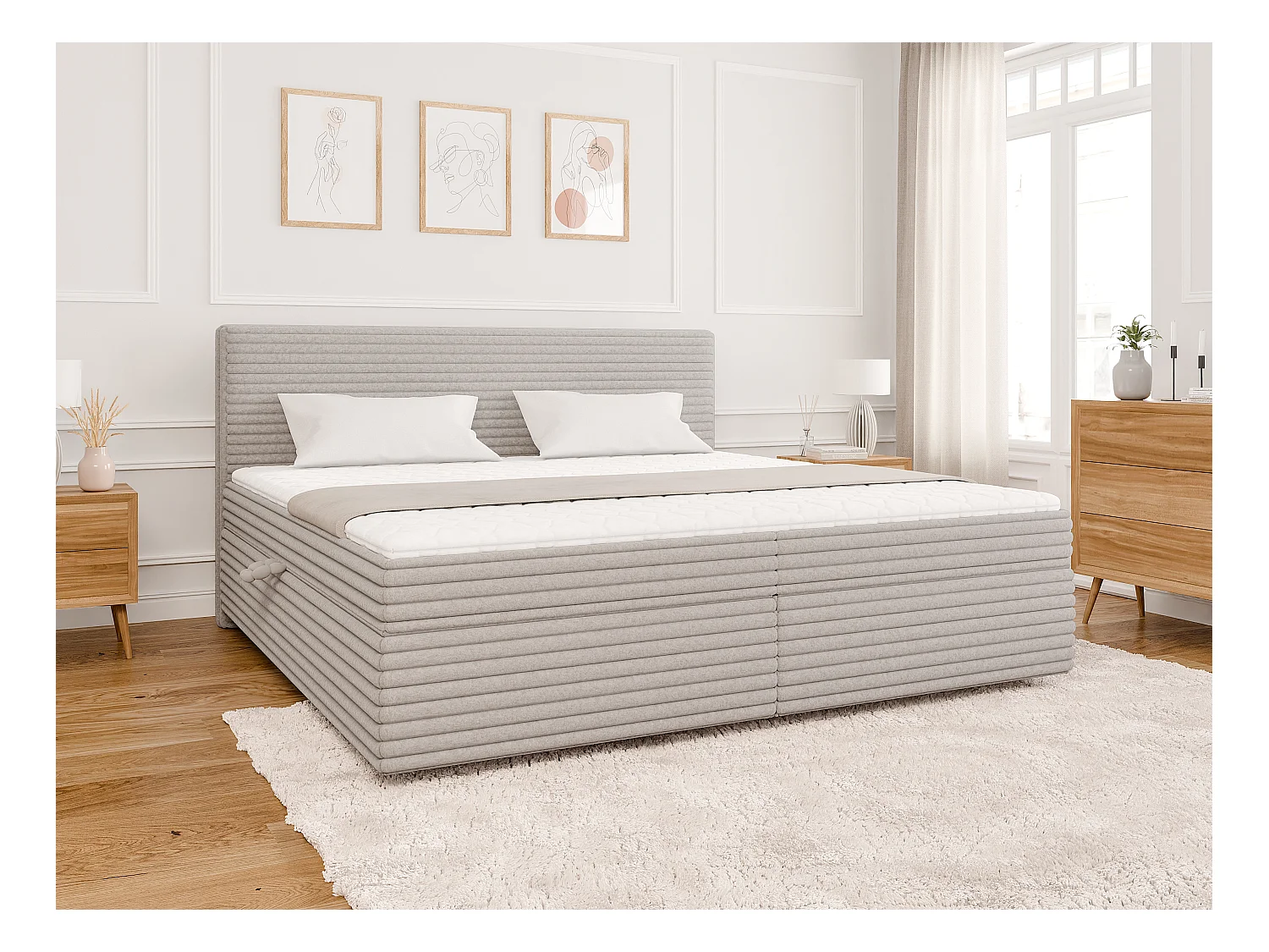 Stella - Boxspringbett 200x200 mit Topper und Bettkästen aus Hellgrau Plüschcord