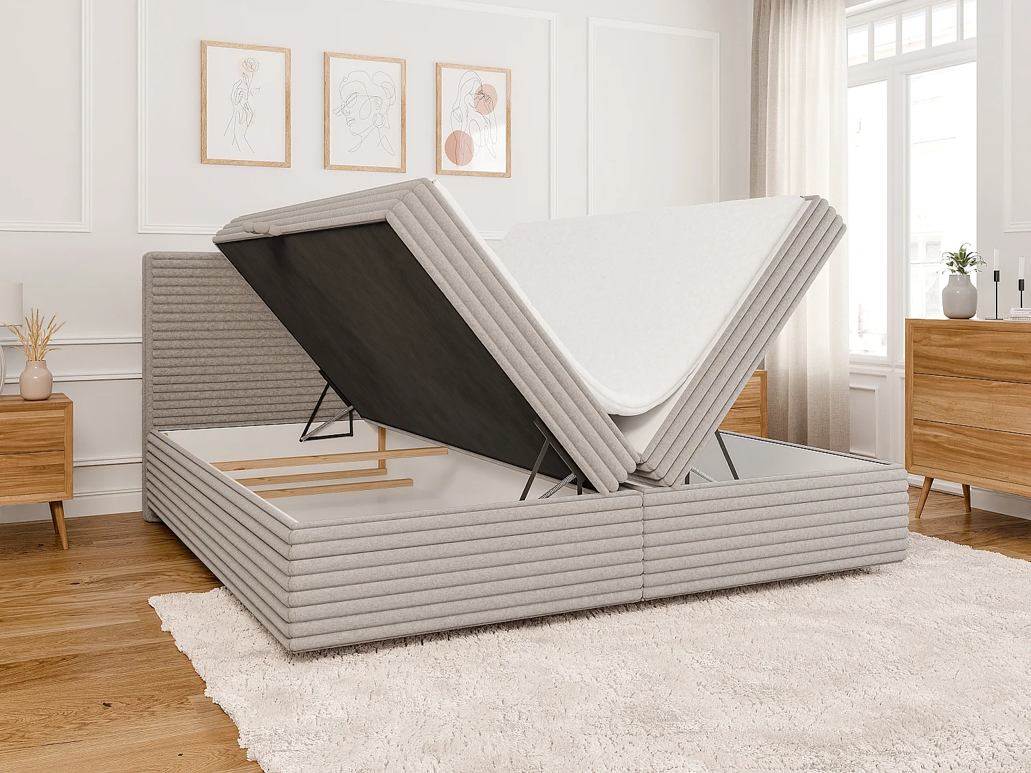 Stella - Boxspringbett 200x200 mit Topper und Bettkästen aus Hellgrau Plüschcord