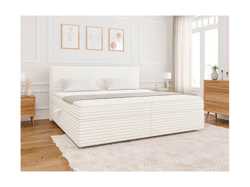 Stella - Boxspringbett 200x200 mit Topper und Bettkästen aus Hellbeige Plüschcord