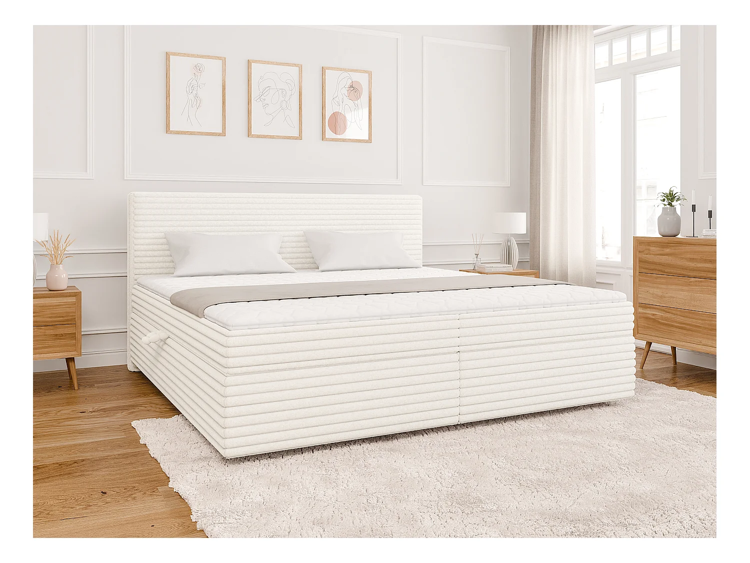 Stella - Boxspringbett 200x200 mit Topper und Bettkästen aus Hellbeige Plüschcord