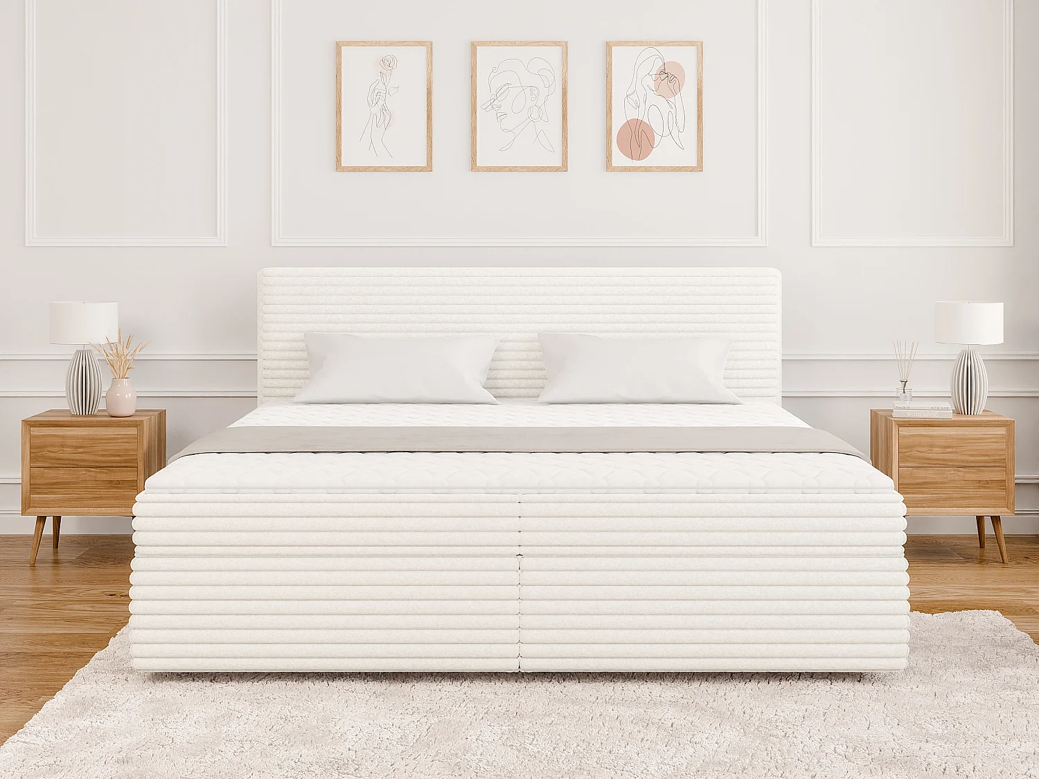 Stella - Boxspringbett 200x200 mit Topper und Bettkästen aus Hellbeige Plüschcord