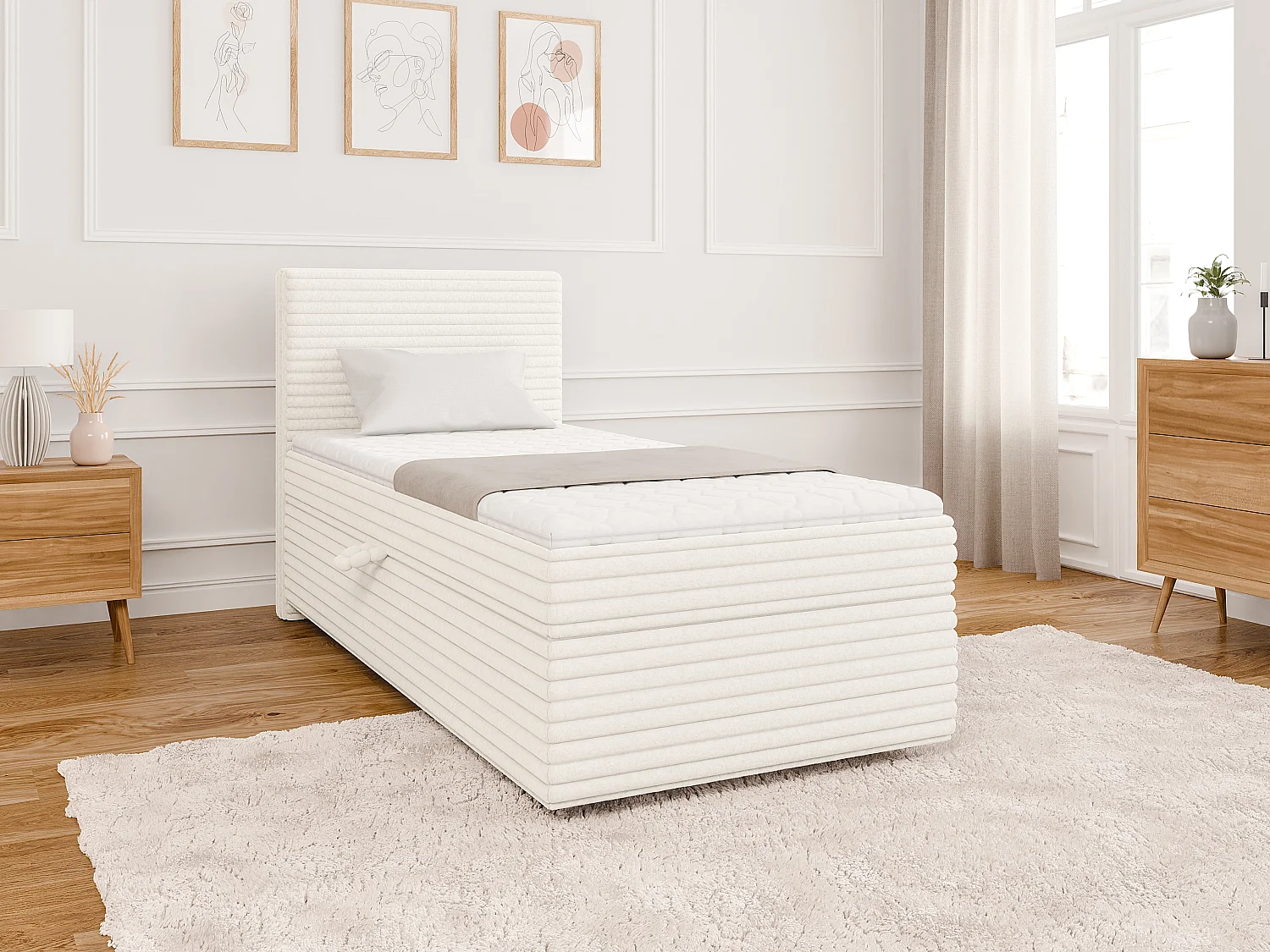 Stella - Boxspringbett 90x200 mit Topper und Bettkästen aus Hellbeige Plüschcord