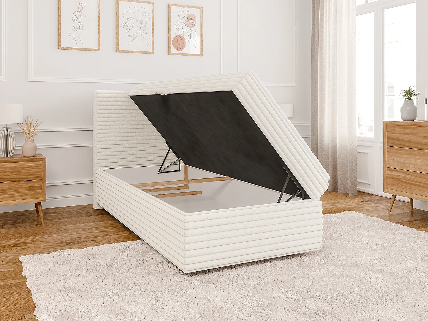 Stella - Boxspringbett 90x200 mit Topper und Bettkästen aus Hellbeige Plüschcord