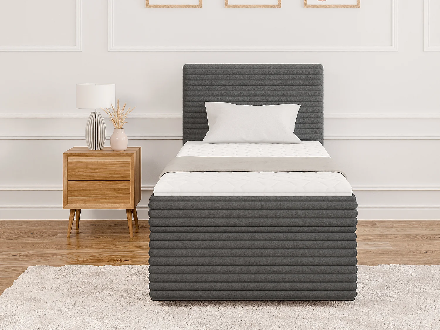 Stella - Boxspringbett 90x200 mit Topper und Bettkästen aus Dunkelgrau Plüschcord