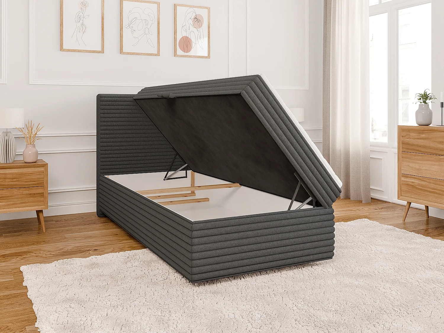 Stella - Boxspringbett 90x200 mit Topper und Bettkästen aus Dunkelgrau Plüschcord