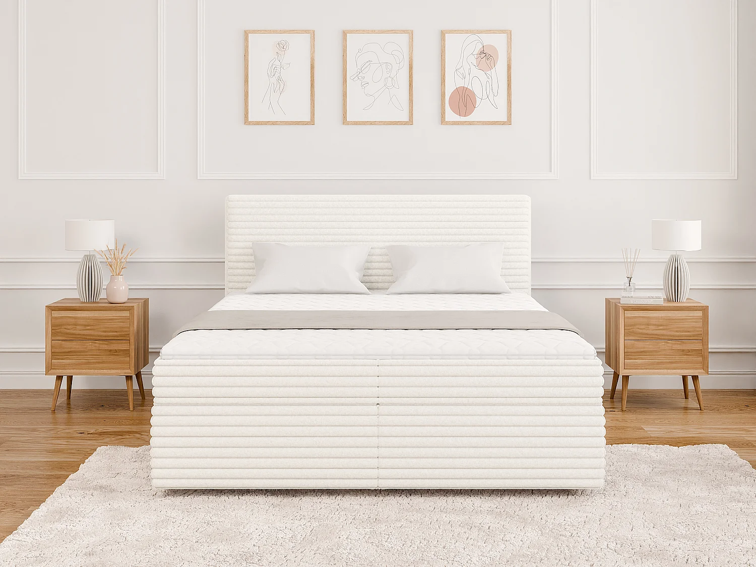 Stella - Boxspringbett 160x200 mit Topper und Bettkästen aus Hellbeige Plüschcord